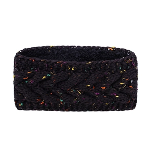 Macro detail of black cable knit headband with multicolored speckles and fleece lining