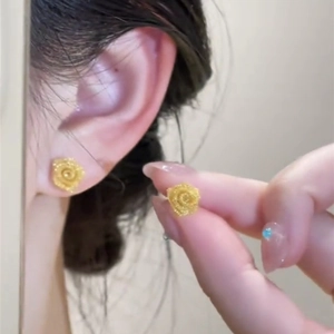 Elegant 18k gold plated metal rose stud earrings for women with textured floral design