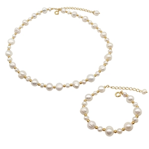 Baroque irregular freshwater pearl and gold bead necklace and bracelet jewelry set