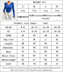 Detailed size guide and material specs for the V-neck slim fit knit long sleeve top