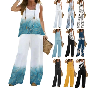 Ensemble Deux Pièces Femme Été Décontracté Imprimé Haut Sans Manches Col Rond Et Pantalon Long Large Taille Haute