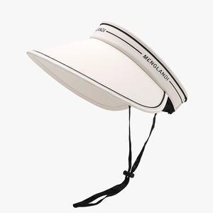 Women's cream wide brim sun hat with adjustable black chin strap and UV protection