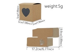 Detail view of heart-shaped window favor box with 5x5x5cm dimensions and assembly layout