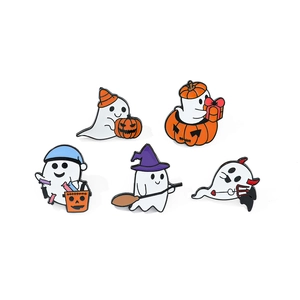 Five unique Halloween ghost enamel pins featuring pumpkin and witch themes on white background
