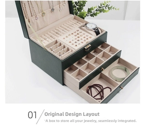 Three-layer dark green jewelry box with drawers for rings, watches, and necklaces
