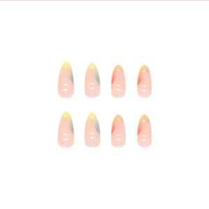 Almond-shaped press-on nails featuring a colorful gradient watercolor design and heart motifs