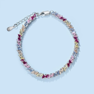 Close-up of S925 sterling silver tennis bracelet with multi-color zircon stones
