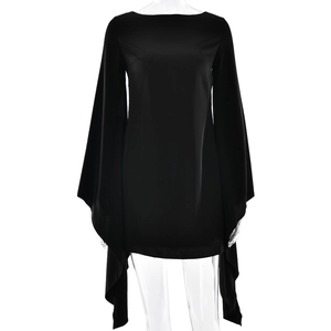 Elegant black backless mini dress with waist tie and cape sleeves on white background