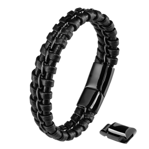 Close-up of black braided leather bracelet with magnetic clasp and steel chain detail
