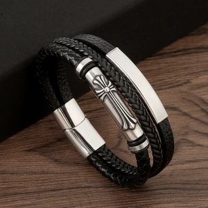 Multi Layer Braided Leather Bracelet Stainless Steel Cross Charm Magnetic Clasp Jewelry For Men