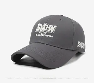 Close-up of white 3D embroidery and cotton twill fabric on dark grey baseball cap