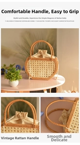 Detail of hand-woven wicker bag showing sturdy natural vine handle and cotton drawstring liner