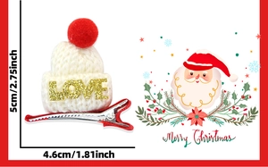 Detailed view of a mini Santa hat hair clip with glitter LOVE text and size dimensions