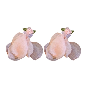 Elegant fabric flower earrings with mesh petals and pink bead accents on a white background