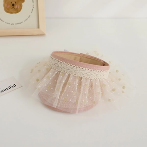 Detailed shot of pink kids sun hat with sequin mesh brim and delicate lace band