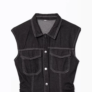 Women's black denim sleeveless vest dress with single-breasted buttons and flap chest pockets