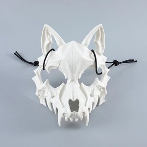 Front view of white animal bone mask with wolf skull design and black elastic straps