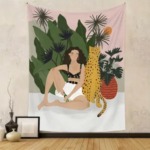 Art Illustration Wall Tapestry Aesthetic Tropical Jungle Tiger Leopard Brushed Plush Hanging Cloth For Home Bedroom Decor