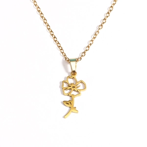 Detailed view of an 18k gold-plated stainless steel necklace with a hollow floral pendant