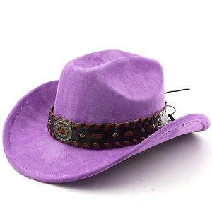 Detail of purple faux suede cowboy hat featuring ethnic braided band with turquoise stud