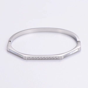 Detail of silver 304 stainless steel bangle with shell inlay and square cubic zirconia