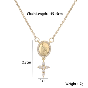 Detail view of 18K gold plated necklace showing 45+5cm chain and cross pendant specs