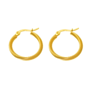 Golden twisted hoop earrings in minimalist stainless steel with unique spiral design