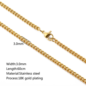 3.0mm 18K gold plated stainless steel Cuban link chain necklace with lobster clasp, 60cm