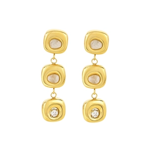 Elegant gold-tone square triple drop earrings with white cat-eye stones and zircon accents