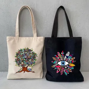 Greek Evil Eye Print Canvas Tote Bag Large Capacity Shoulder Shopping Bag For Women Casual Foldable