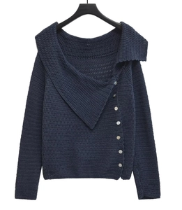Dettaglio di un cardigan in maglia blu scuro con bottoni bianchi asimmetrici e trama