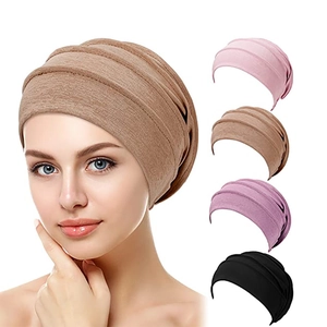Women's Elastic Cotton Pleated Turban Hat Soft Breathable Sleep Cap For Chemo Hair Loss Solid Color Retro Headwrap