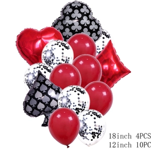 Detail of 14-piece poker party balloon set with spade and heart prints in red and black
