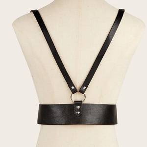 Punk style faux leather waist belt harness with shoulder straps and back metal O-ring