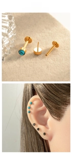 Detail of G23 titanium labret studs with turquoise and black stones on ear model