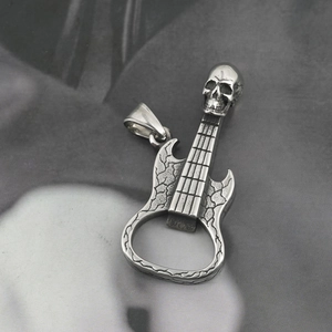 Hip hop titanium steel guitar pendant necklace featuring a skull head and bottle opener