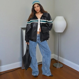 Vintage American style black leather jacket with green and white chest stripes in loose fit