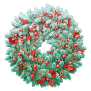 Blue Christmas wreath with red ornaments and gold berries on white background