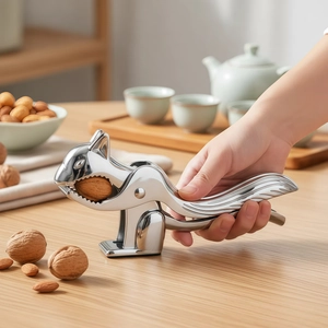 Silver zinc alloy squirrel shaped nutcracker being used for cracking walnuts manually