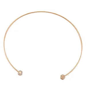 Stainless Steel Choker Necklace For Women Minimalist Geometric Hexagon Round Rhinestone Inlaid Snake Chain Jewelry