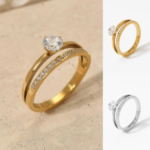 Bague En Acier Inoxydable À Double Couche Pour Femmes Pierre Principale En Zircone Ronde Tige Fendue CNC Micro Pavé Bijoux Élégants