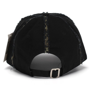 Black distressed baseball cap with camouflage details and adjustable back strap