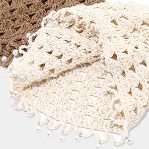 Handmade crochet hollow breathable beanie hat with elegant pearl trim for women