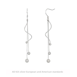 925 Sterling Silver Long Tassel Earrings For Women Ethnic Wave Line Frosted Round Bead Chain Dangle Earrings Retro Jewelry Gift
