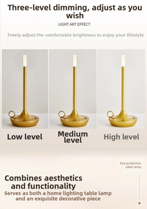 Close-up of golden lamp showing low medium and high three-level touch dimming light effects