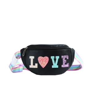 Kids black waist bag with LOVE sequins and rainbow strap for fashion-conscious boys and girls