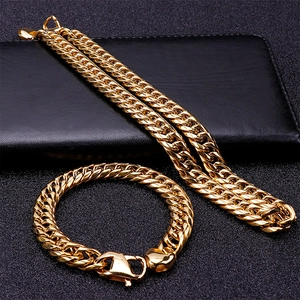 Polished gold double-row Cuban link necklace and bracelet set on black leather