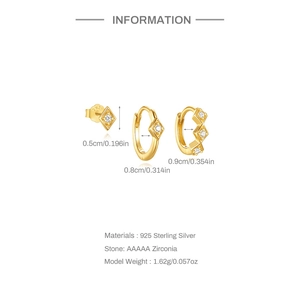 Detailed view of S925 sterling silver gold earrings set with AAAAA zircon and dimensions