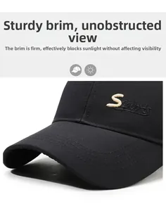 Detail of black baseball cap featuring S letter embroidery and durable curved visor