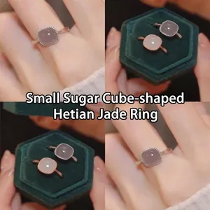 New Chinese style Hetian jade sugar cube ring with S925 silver rose gold band for women